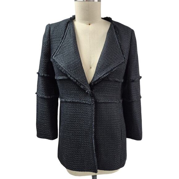 NWOT Ann Taylor LOFT women open front 3/4 sleeve tweed Fringe jacket black M - Picture 1 of 6